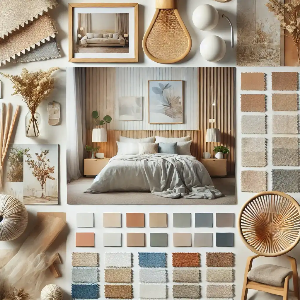 Moodboard inspiracji do projektowania sypialni w Poznaniu z pastelowymi kolorami i naturalnymi materiałami