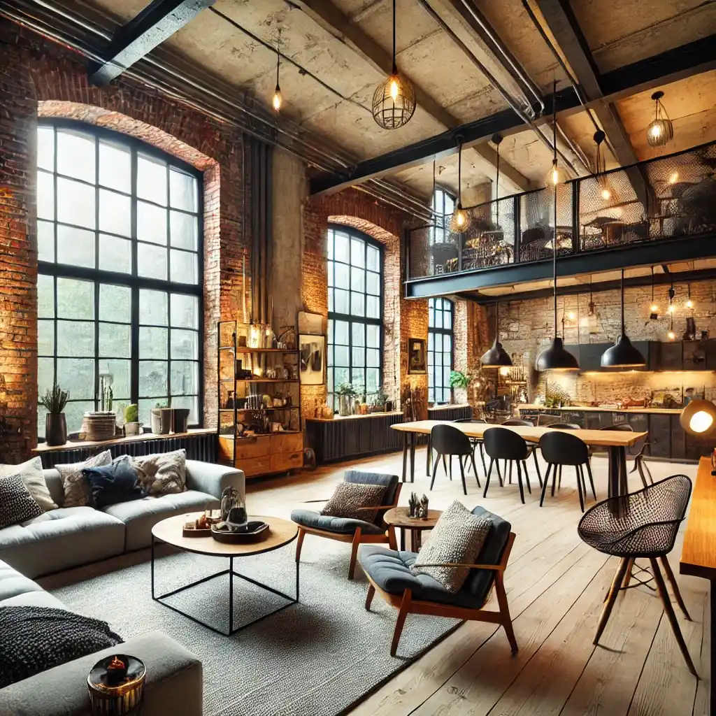 Stylowy loft w Poznaniu z industrialnym charakterem, ceglaną ścianą i metalowymi belkami.