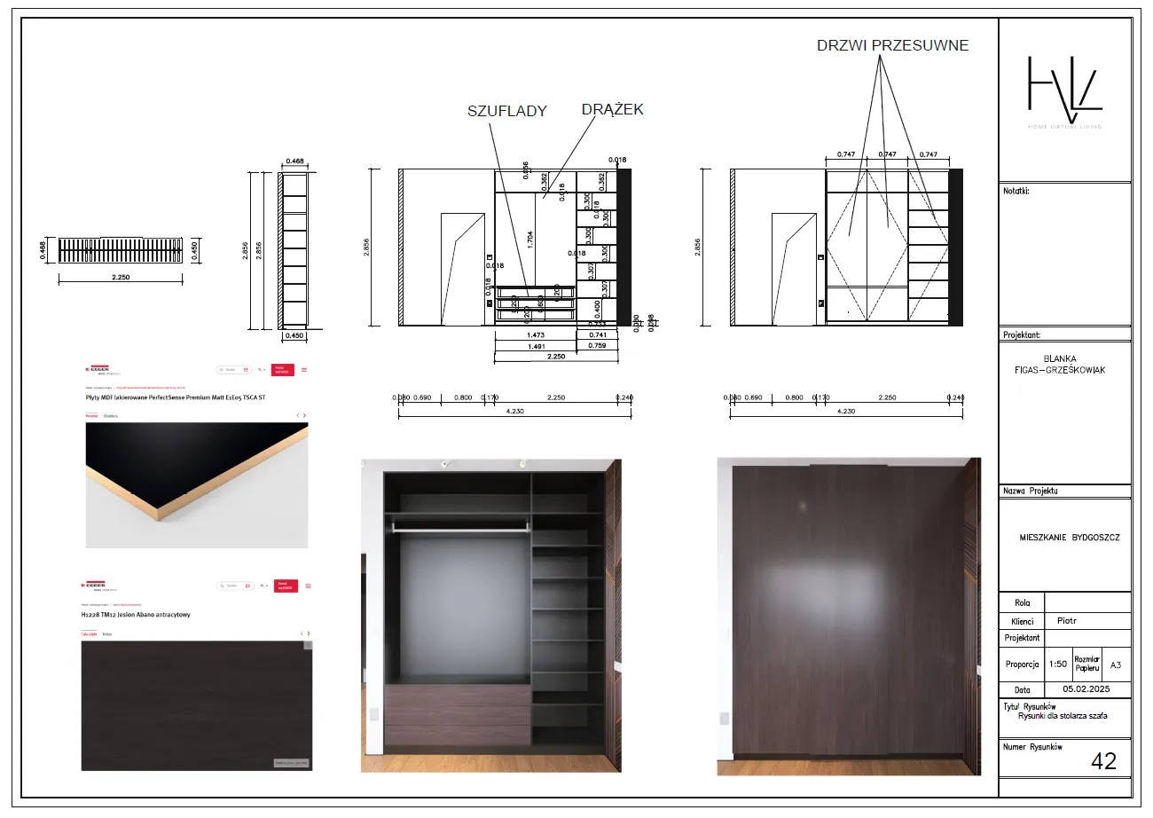 Funkcjonalna-szafa-przesuwna-projekt-garderoby-w-stylu-modern-classic Szczegółowy projekt szafy z drzwiami przesuwnymi, szufladami i drążkiem na ubrania w mieszkaniu w Bydgoszczy