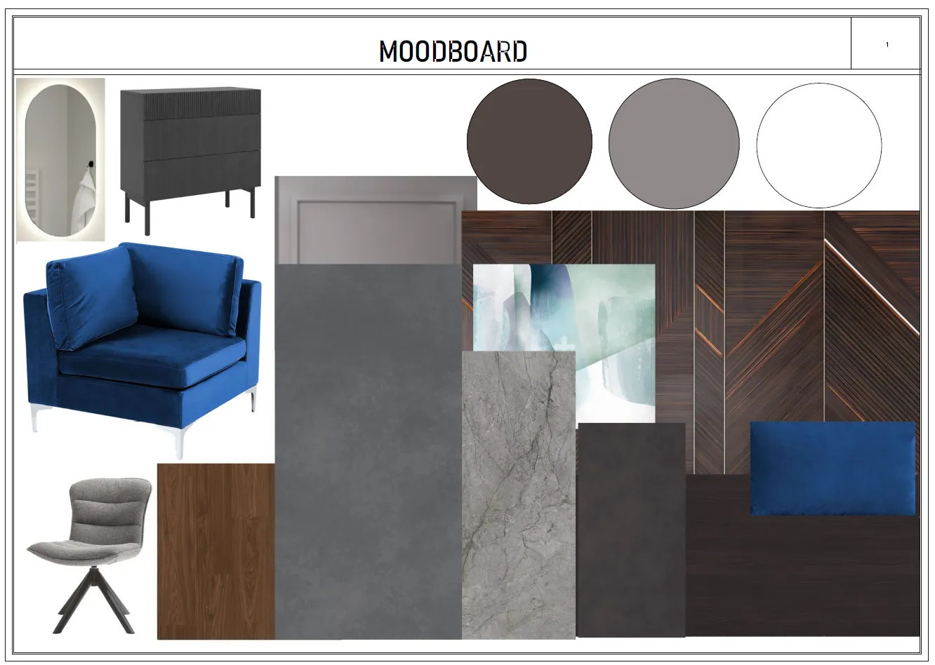 Moodboard-wnętrza-w-stylu-modern-classic-paleta-kolorów-i-materiałów Moodboard z propozycją materiałów, kolorów i mebli w niebiesko-szarej kolorystyce dla mieszkania w stylu modern classic
