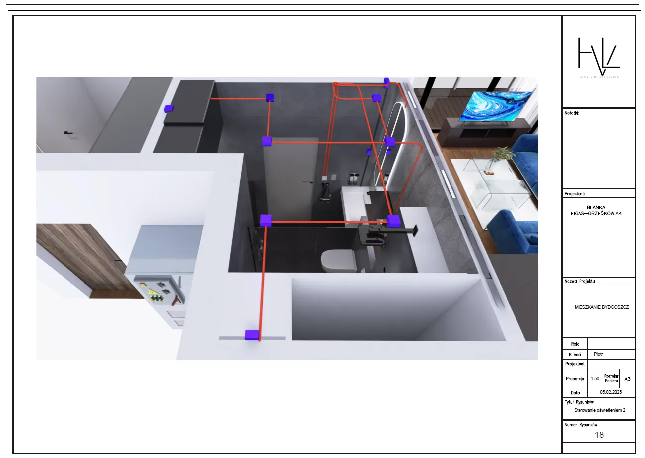 Nowoczesna-łazienka-w-mieszkaniu-projekt-techniczny-z-wizualizacją Techniczny rysunek łazienki z wymiarami i oznaczeniami instalacji w mieszkaniu w Bydgoszczy w stylu modern classic