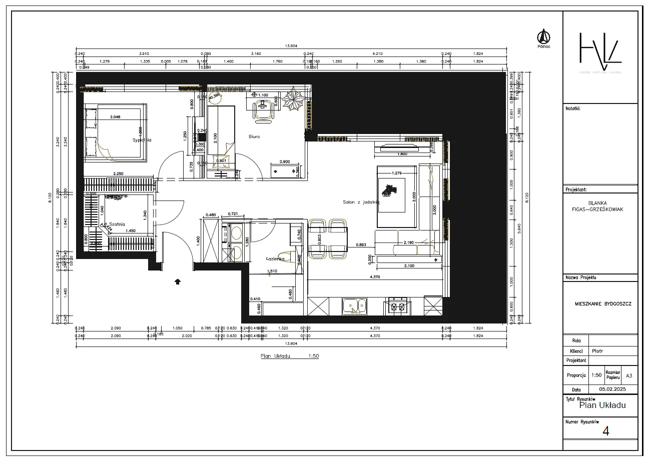 Plan-układu-mieszkania-projekt-techniczny-z-wymiarami Szczegółowy plan układu mieszkania w Bydgoszczy z wymiarami pomieszczeń i oznaczeniami funkcjonalnymi