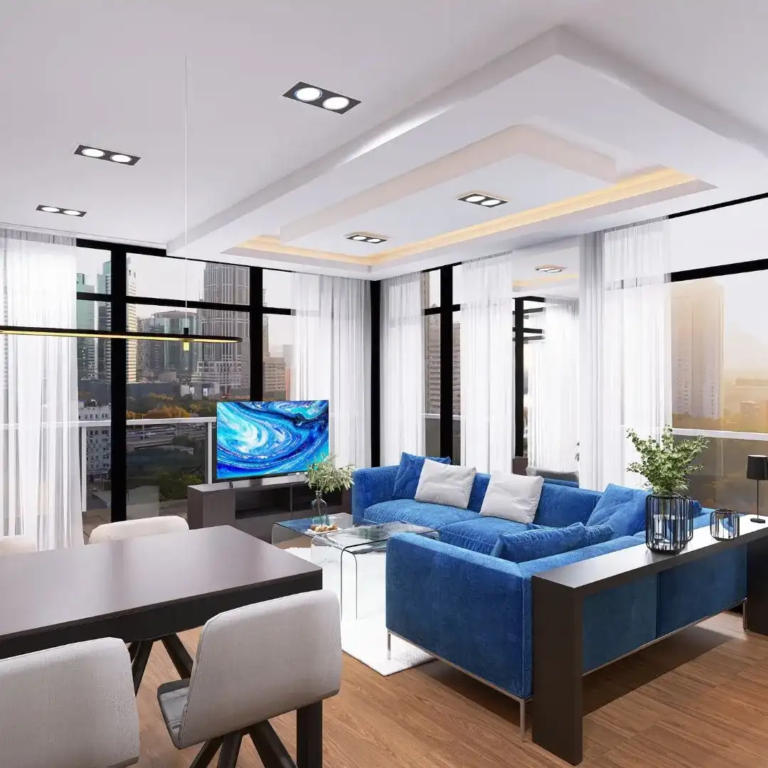 Luksusowy salon z panoramicznymi oknami i aneksem kuchennym, architekt wnętrz Bydgoszcz