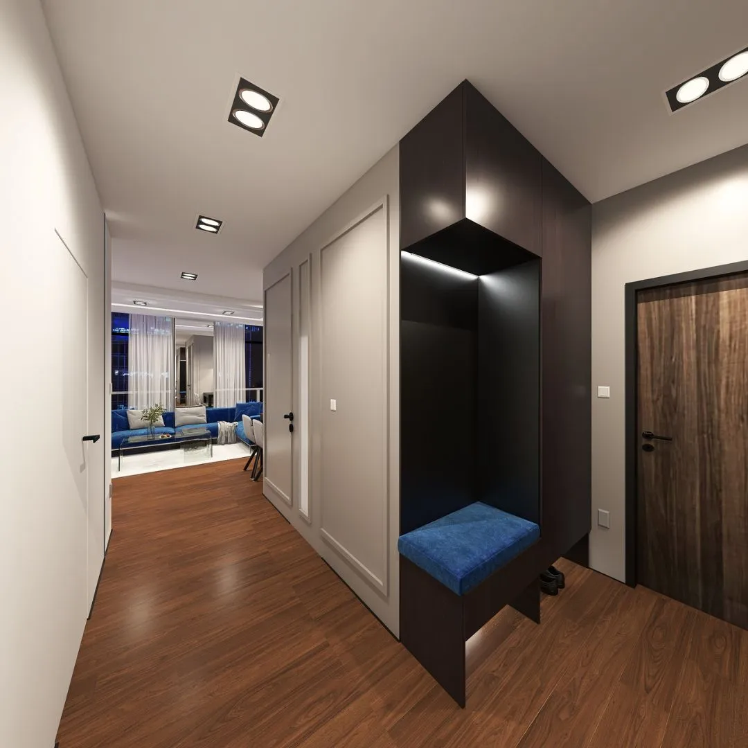 korytarz-szafa-lustro-modern-apartament-bydgoszcz Elegancki korytarz z lustrem i zabudową w stylu nowoczesnym, projektowanie wnętrz Bydgoszcz