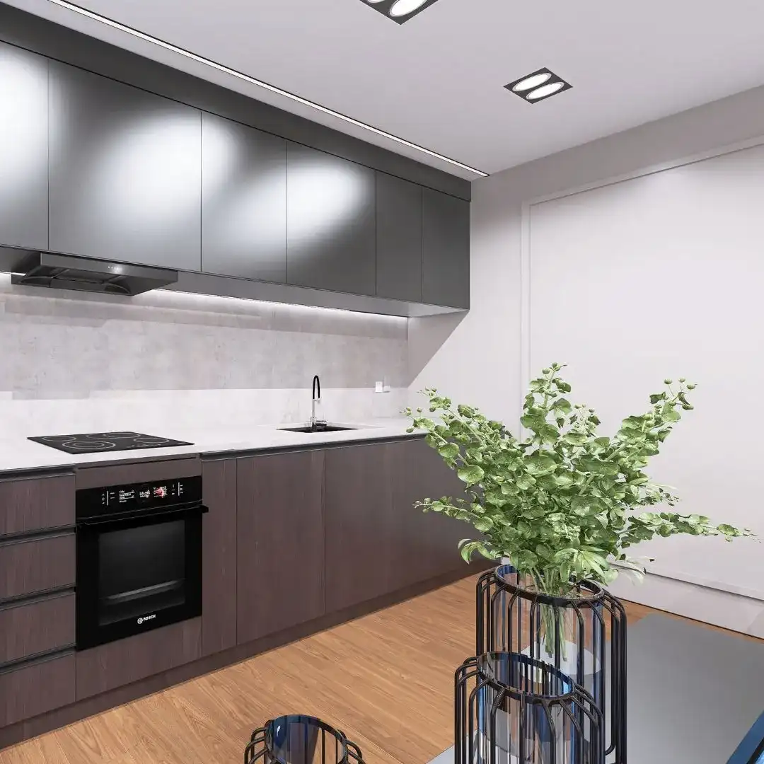 kuchnia-minimalistyczna-biel-szarosc-bydgoszcz Minimalistyczna kuchnia w odcieniach szarości i bieli z czarnym piekarnikiem, wykończenie wnętrz mieszkania w Bydgoszczy