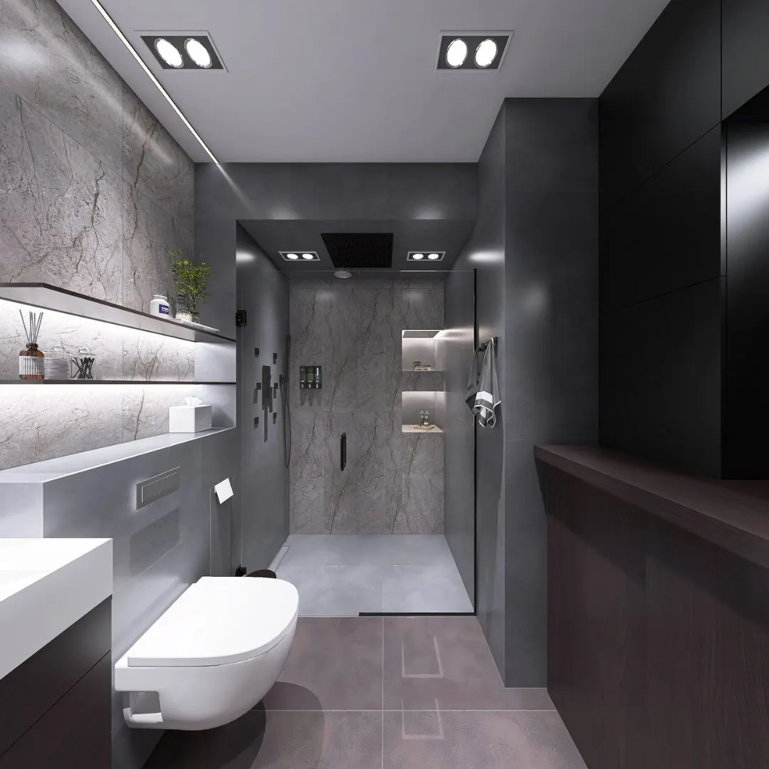 lazienka-z-prysznicem-modern-classic-bydgoszcz Nowoczesna łazienka z prysznicem walk-in, marmurową ścianą i podwieszaną toaletą, projekt łazienki Bydgoszcz