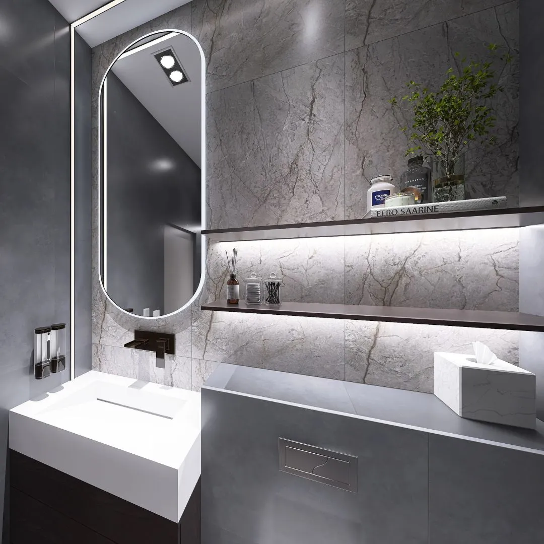 mala-lazienka-modern-classic-lustro-led-bydgoszcz Elegancka mała łazienka w stylu modern classic z podświetlanym lustrem LED i marmurową ścianą, projekt wnętrz Bydgoszcz