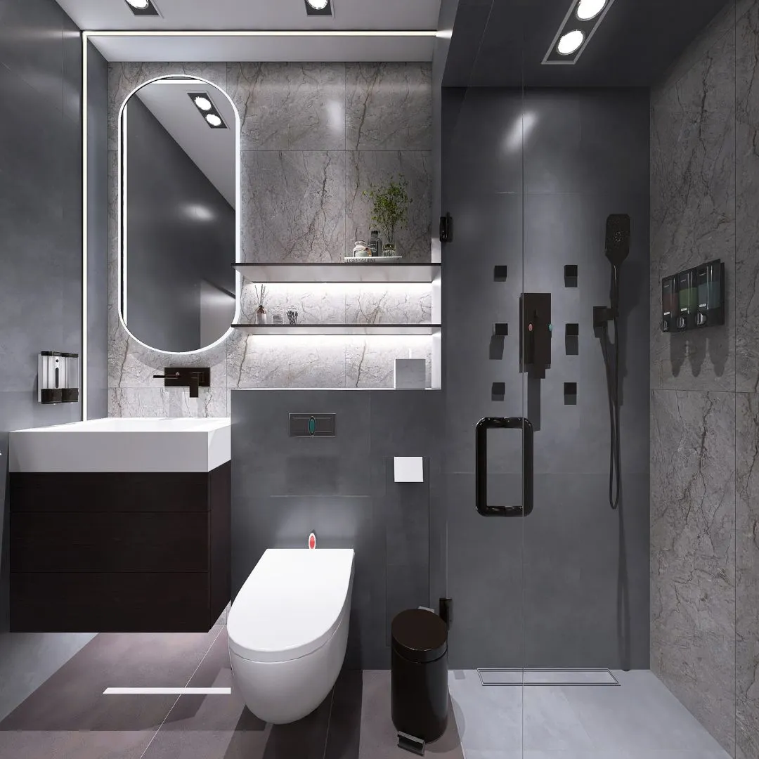 Mała łazienka w stylu modern classic z okrągłym lustrem LED i czarnymi dodatkami, aranżacja łazienki Bydgoszcz