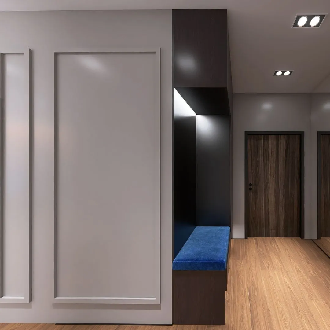 moderna-garderoba-przedpokoj-bydgoszcz-projektant Funkcjonalna czarna garderoba z niebieskim akcentem w przedpokoju, nowoczesna aranżacja mieszkania w Bydgoszczy