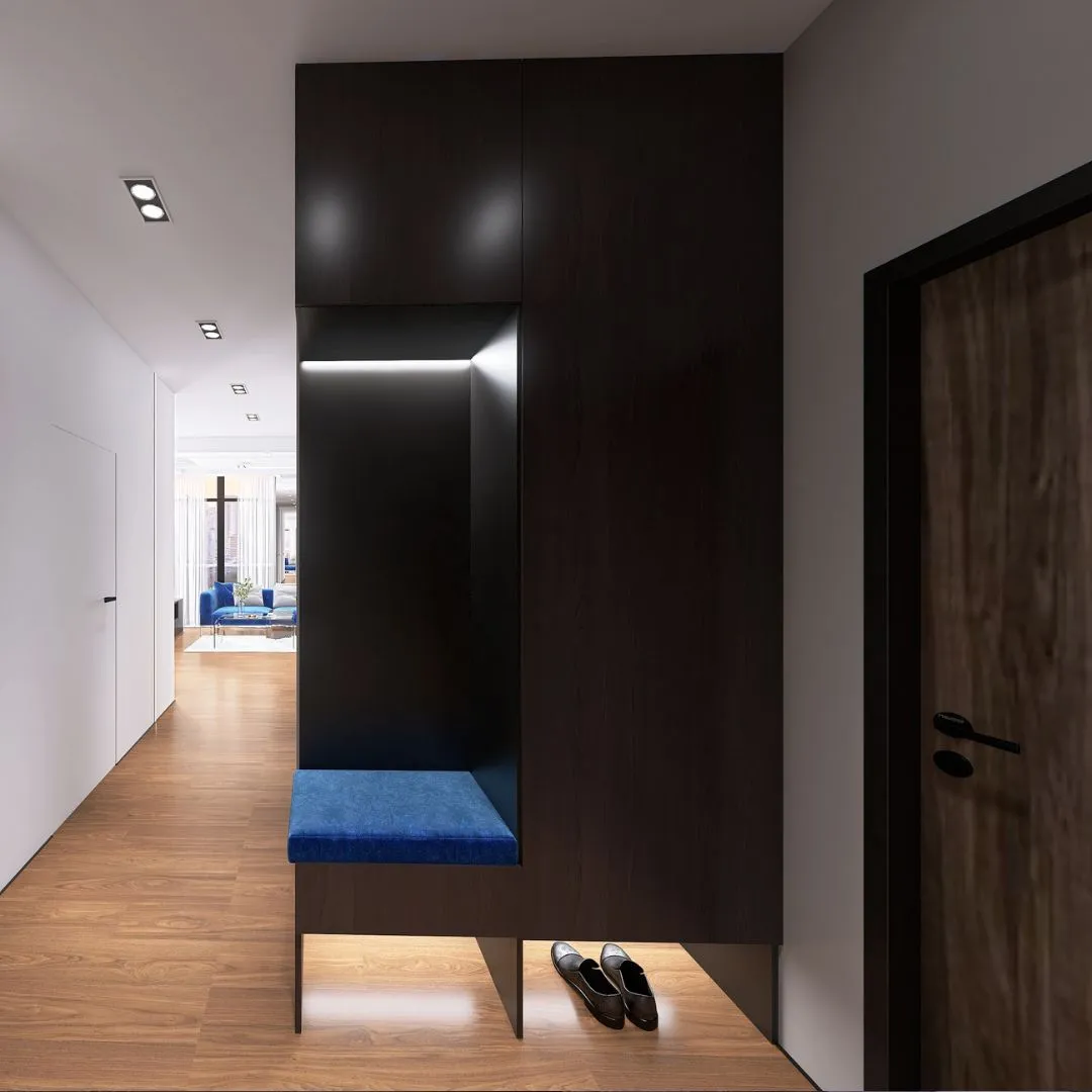 nowoczesny-przedpokoj-szafa-bydgoszcz-projektant Elegancki przedpokój z ciemną zabudową, siedziskiem i podświetleniem LED, projekt wnętrz Bydgoszcz