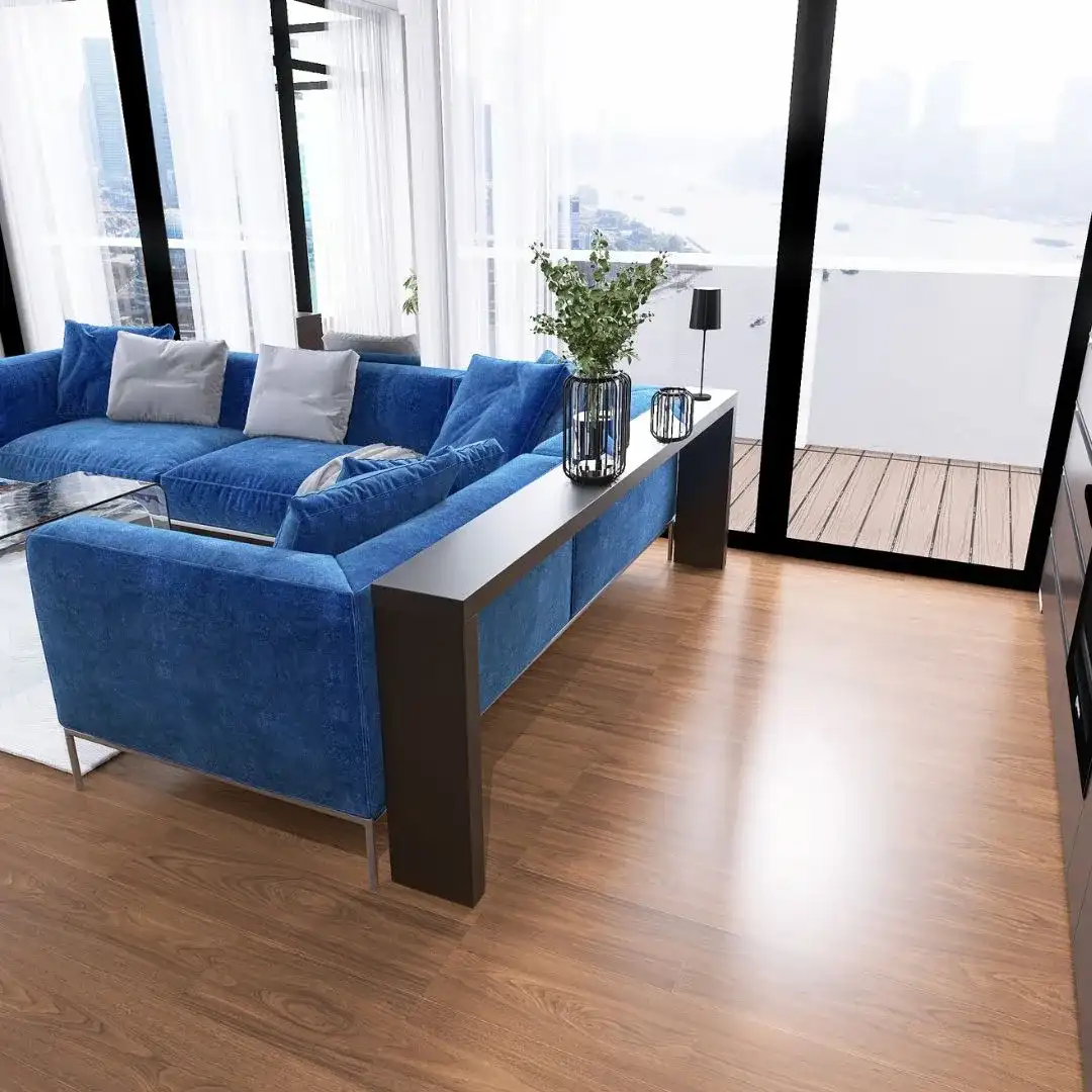 panoramiczny-widok-salon-taras-bydgoszcz Przestronny salon z wyjściem na taras i panoramicznym widokiem na miasto, aranżacja apartamentu w Bydgoszczy
