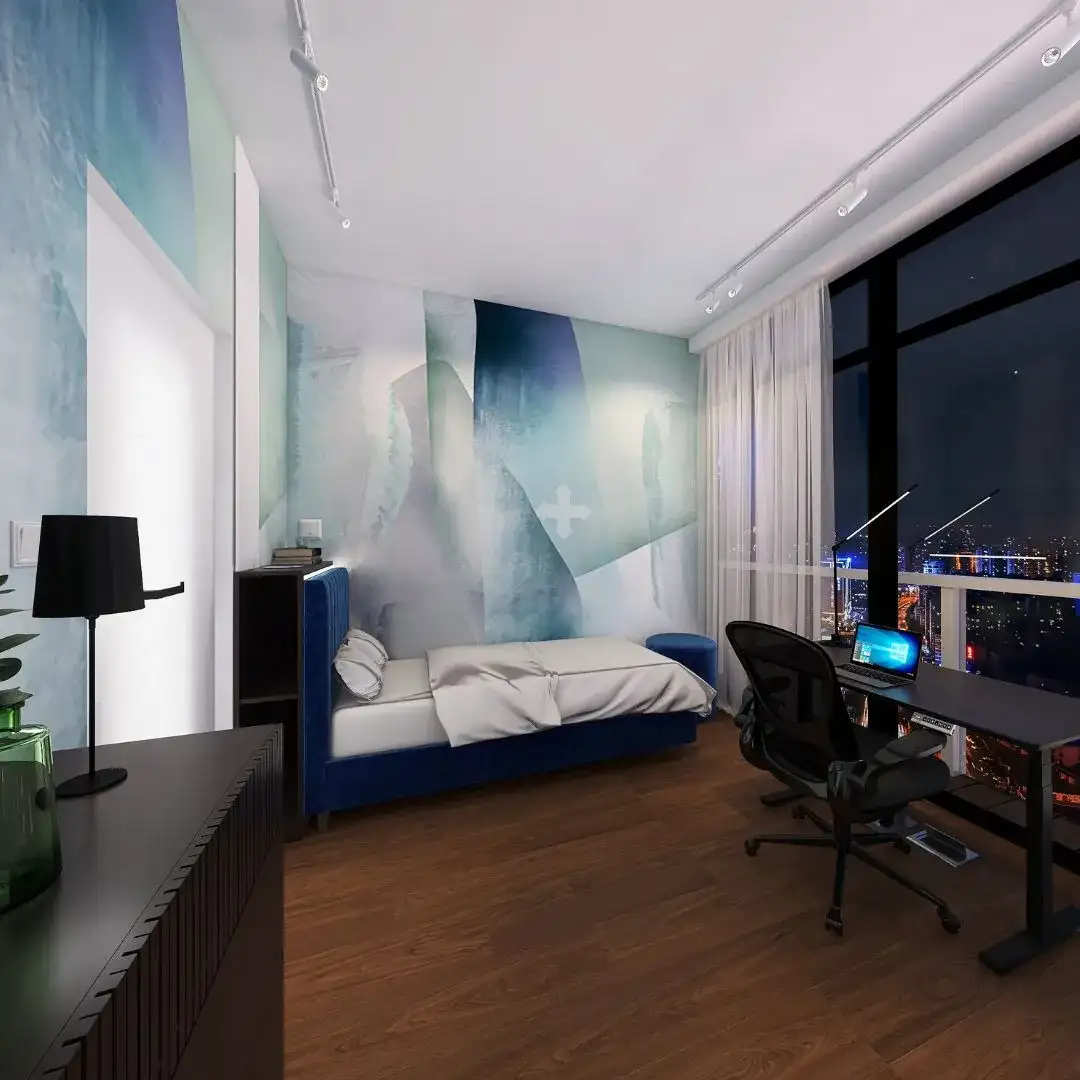 pokoj-goscinny-biuro-tapeta-niebieska-bydgoszcz Elegancki pokój gościnny z funkcją biura, niebieskim łóżkiem i designerską tapetą, projektowanie wnętrz Bydgoszcz