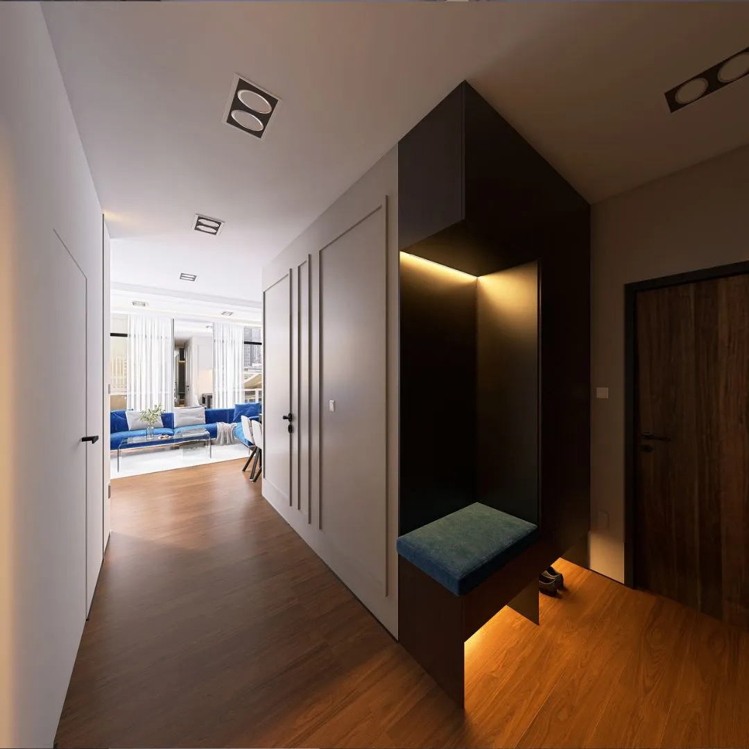 przedpokoj-apartament-salon-projektant-bydgoszcz Otwarty przedpokój z widokiem na salon, nowoczesna aranżacja apartamentu, architekt wnętrz Bydgoszcz