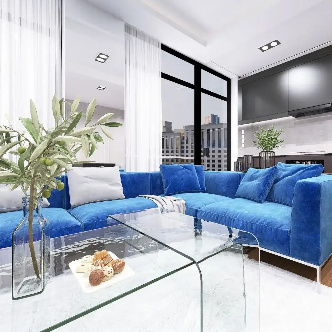 salon-z-roslina-aranżacja-wnętrz-bydgoszcz Nowoczesny salon z aneksem kuchennym i dekoracyjną rośliną, planowanie przestrzeni w Bydgoszczy