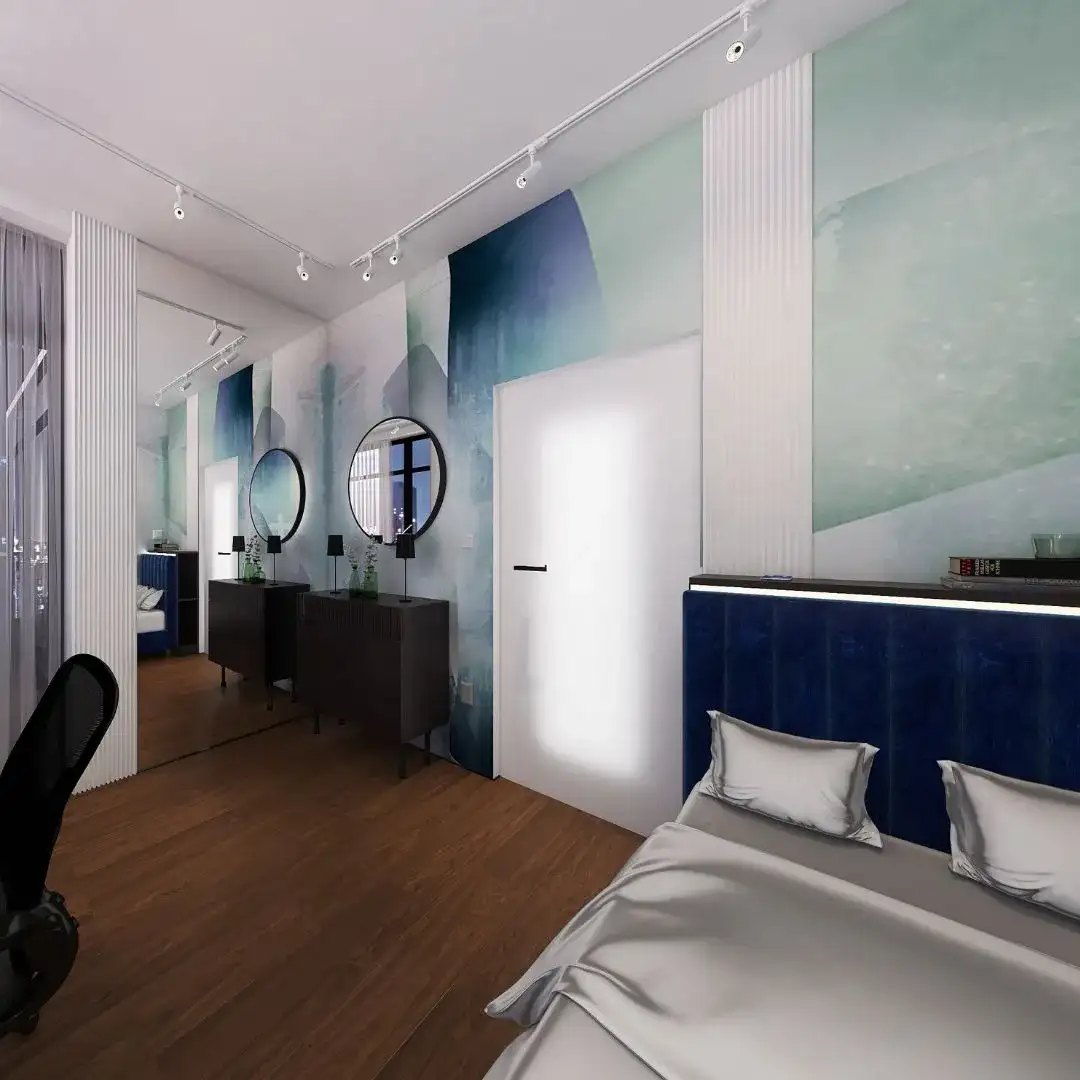 sypialnia-home-office-lustra-okragle-bydgoszcz Nowoczesny pokój wielofunkcyjny z niebieskim zagłówkiem, okrągłymi lustrami i dekoracyjną tapetą, aranżacja wnętrz Bydgoszcz