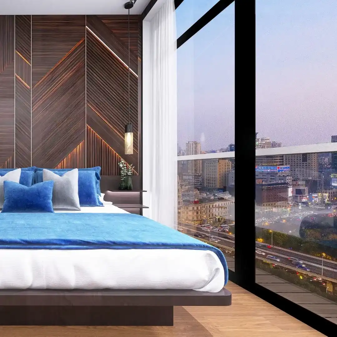 sypialnia-modern-classic-panoramiczne-okno-bydgoszcz Ekskluzywna sypialnia z panoramicznym oknem i miejskim widokiem, projekt wnętrz Bydgoszcz
