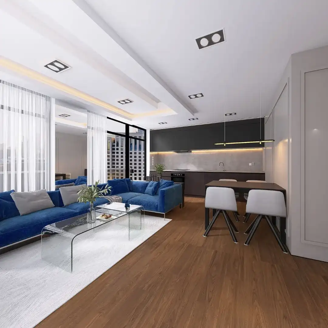 Przestronny salon z aneksem kuchennym i podwieszanym sufitem, projektowanie wnętrz Bydgoszcz