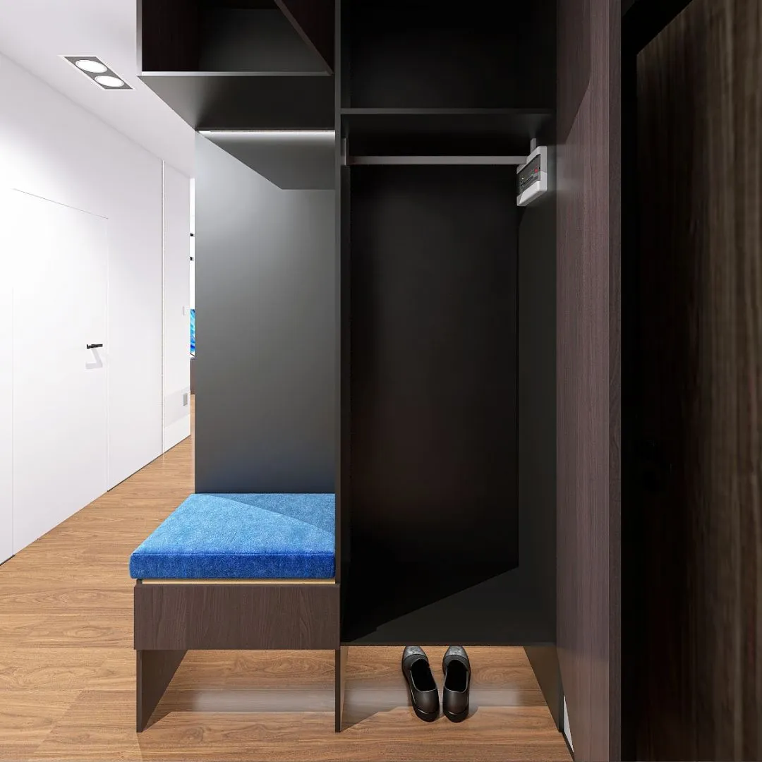 wnetrze-przedpokoju-szafa-apartament-bydgoszcz Wnęka garderoby z podświetleniem i miejscem do siedzenia, projekt wnętrz apartamentu w Bydgoszczy