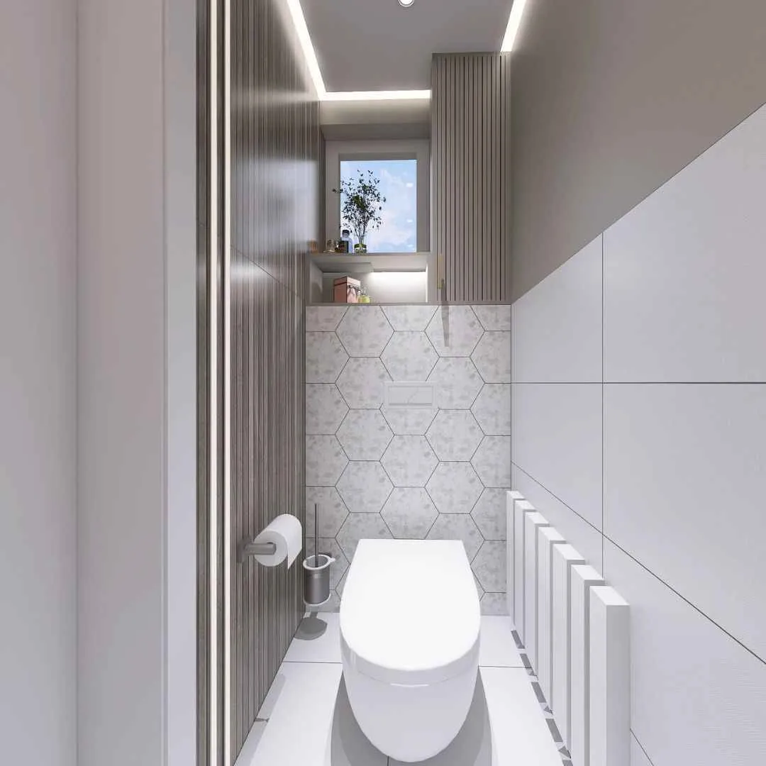 Aranżacja łazienki z heksagonalnymi płytkami w kolorze beżowym, drewnianymi listwami i nowoczesną ceramiką sanitarną - remont łazienki