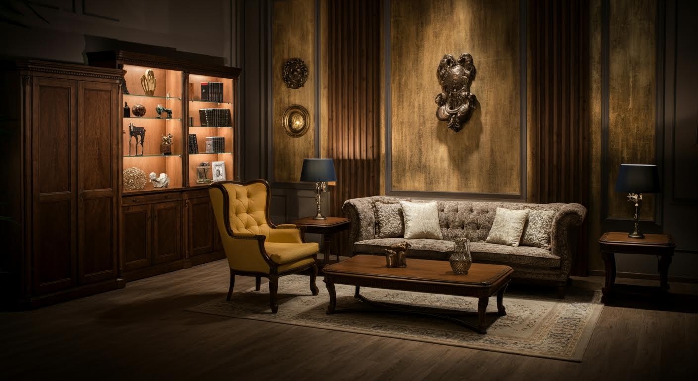 Salon w stylu quiet luxury z zasłonami z ciężkiego lnu w botaniczny wzór i tapicerką w tkaninie bouclé, luksusowe wzory tkanin w naturalnej palecie