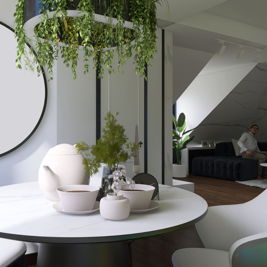 Panorama 3D nowoczesnego poddasza ze skosami – salon z jadalnią, projekt online HVL Concept Studio, Gołaczów