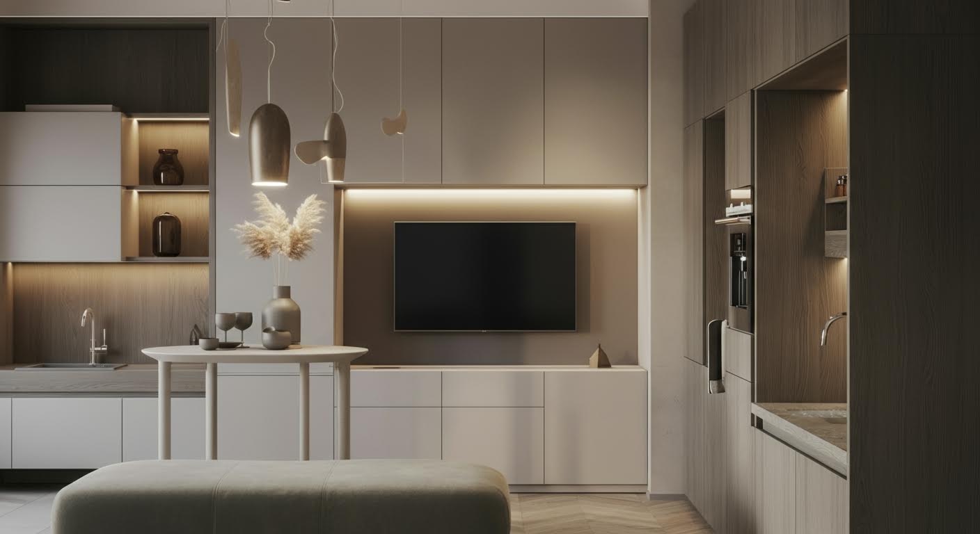 Skandynawski salon z elementami sensory design: naturalne drewno, lniane tekstylia i ciepłe oświetlenie