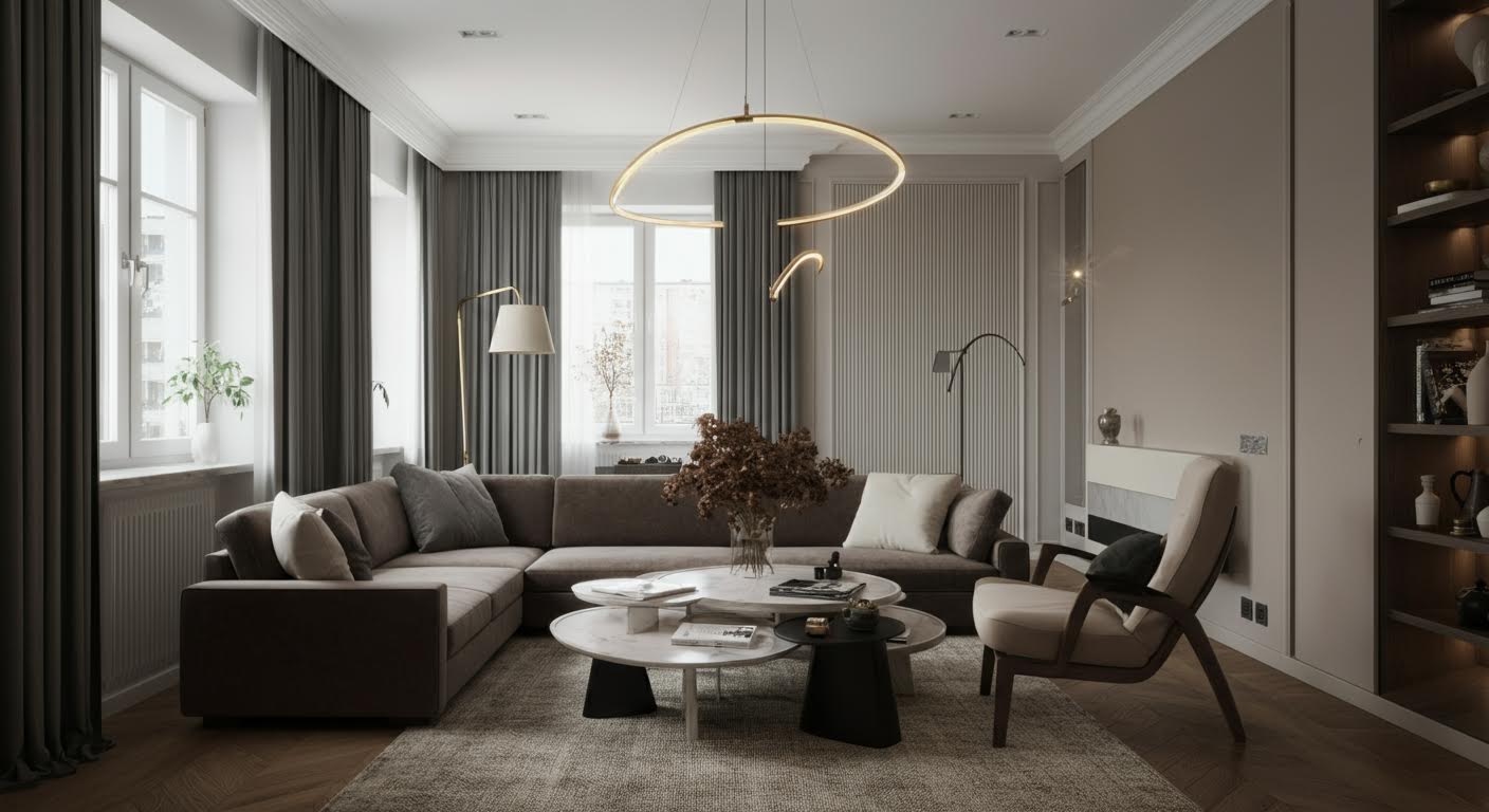 Salon przygotowany do sprzedaży przez skuteczny home staging – neutralna paleta barw, warstwowe oświetlenie i roślina przy oknie