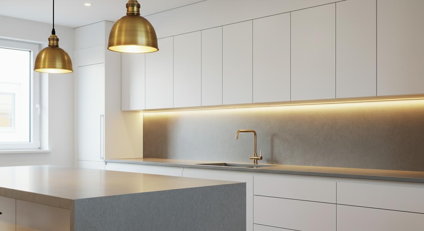 Oświetlenie do kuchni – listwy LED podszafkowe doświetlające blat roboczy w kuchni z białymi frontami