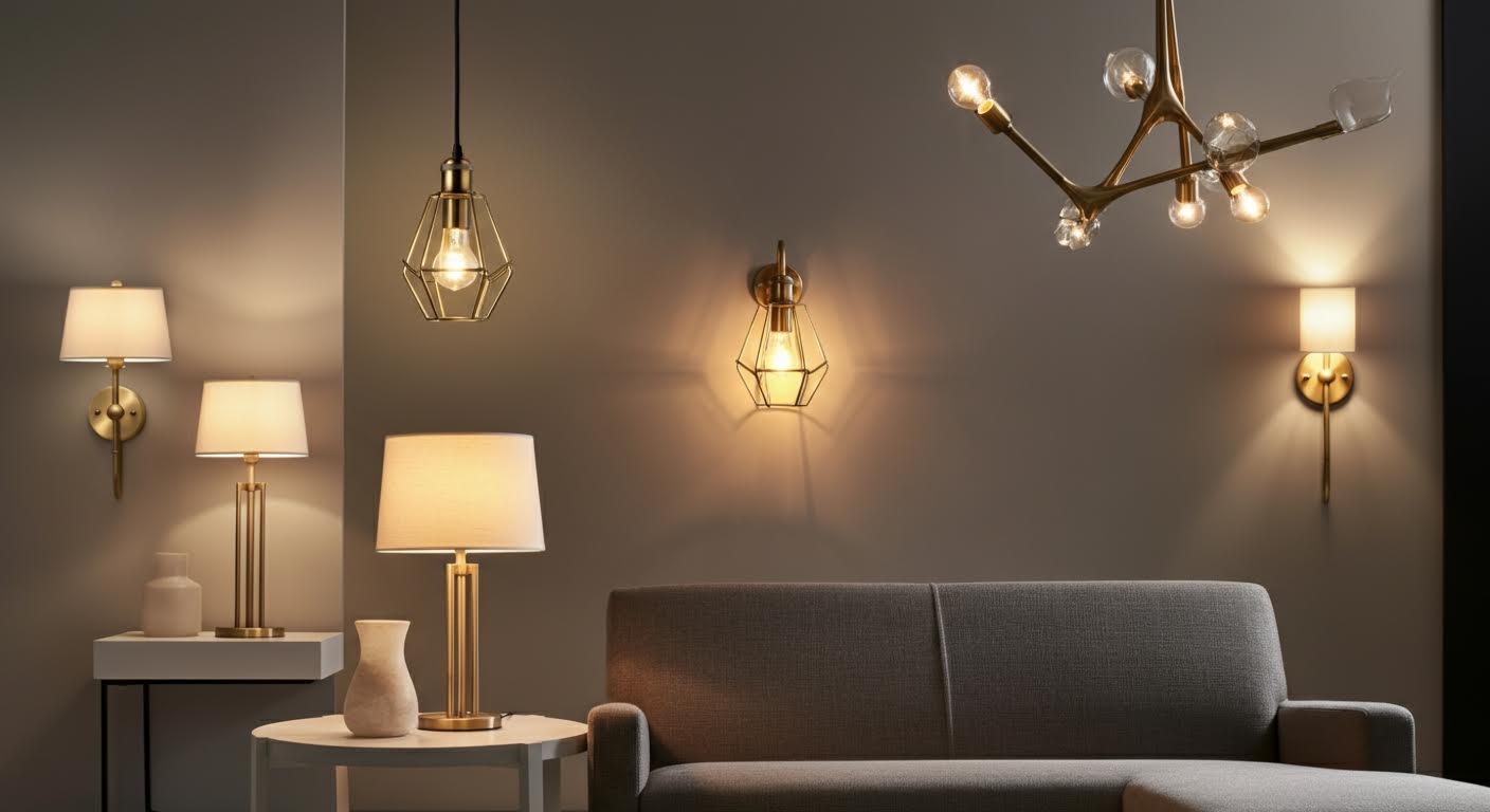 Warstwowe oświetlenie do salonu z lampą wiszącą w szczotkowanym mosiądzu i lampą stołową z lnianym abażurem na bocznym stoliku