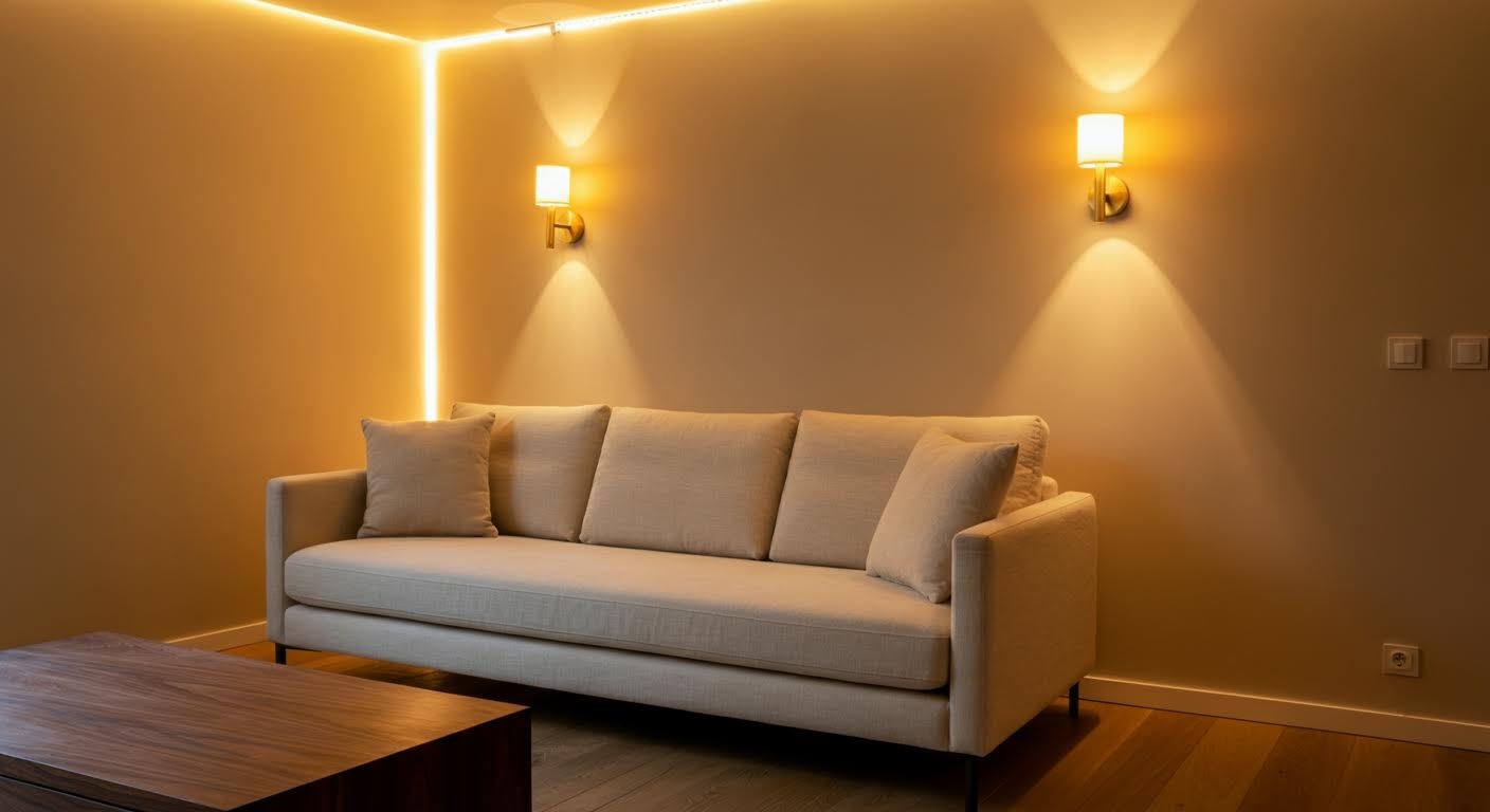 Warstwowe oświetlenie salonu z lampą stojącą, kinkietem i taśmą LED za gzymsem sufitowym w ciepłej barwie 2700K