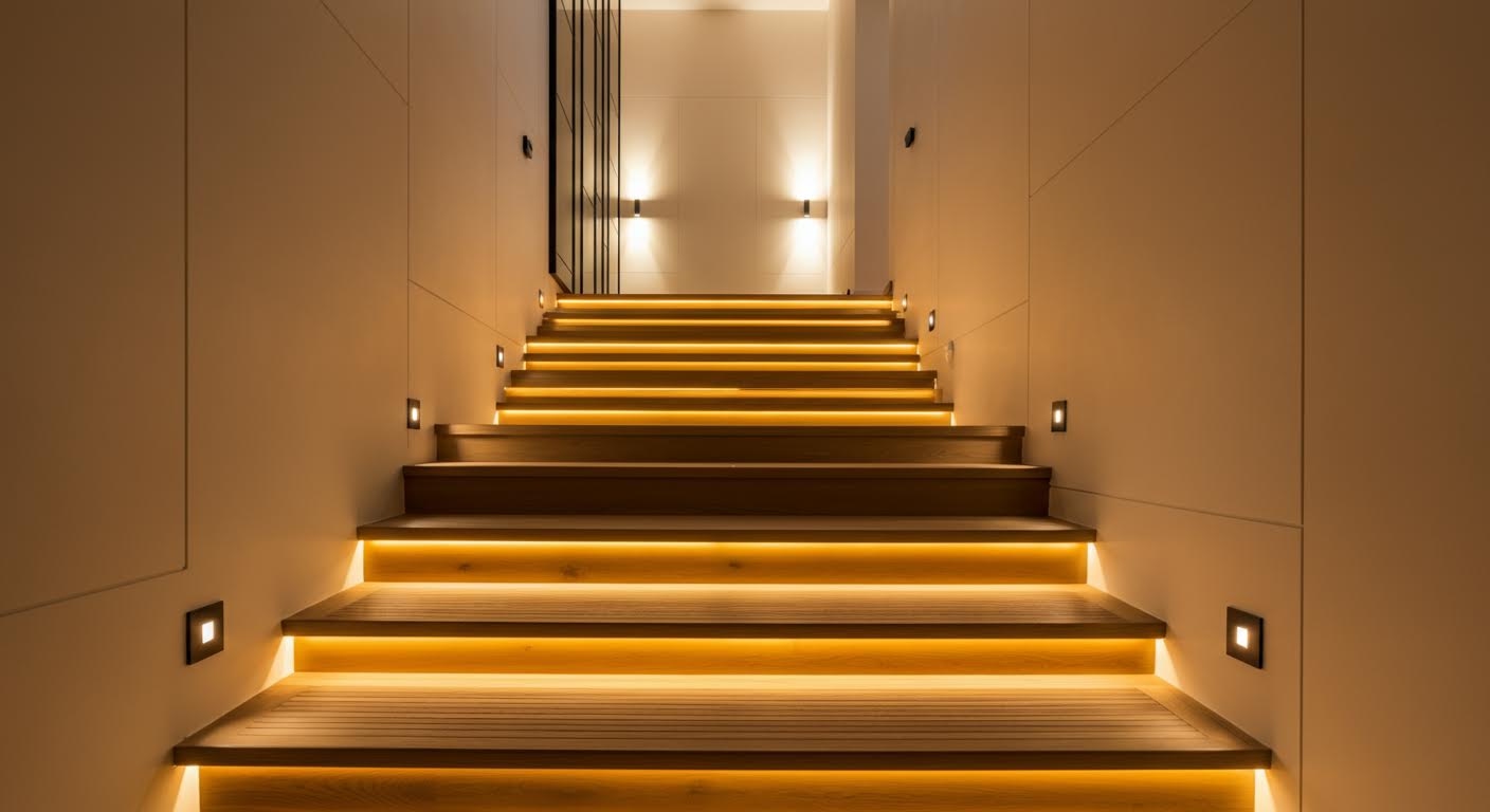 Nowoczesne oświetlenie schodów LED pod noskami stopni w domu jednorodzinnym, ciepła barwa 2700K