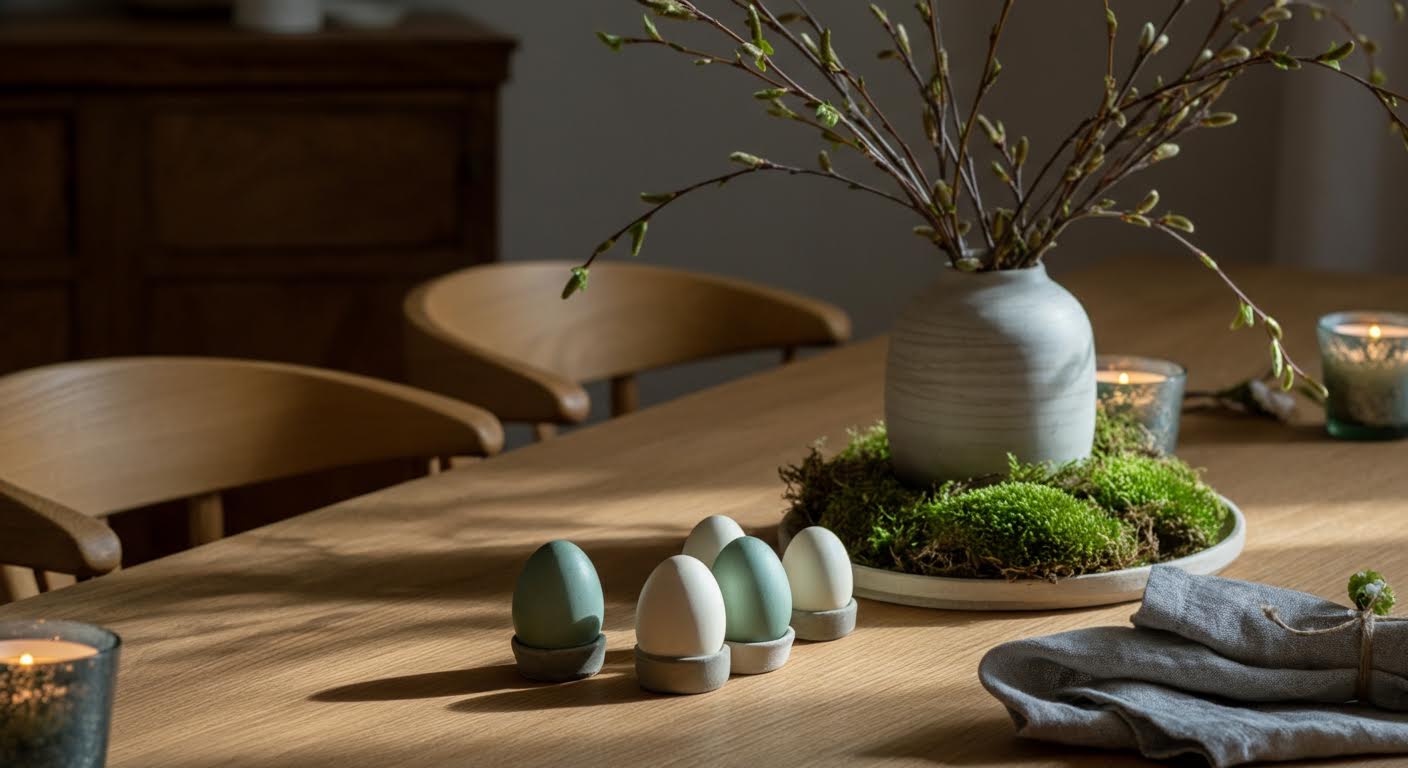 Ozdoby wielkanocne w stylu quiet luxury – ceramiczne jajka w kolorze sage i biały wieniec z gałązek brzozy na drewnianym stole
