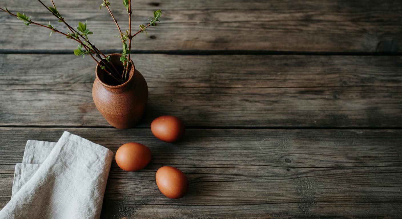 Wiosenne dekoracje na drewnianym stole – kamionkowy wazon z gałązkami forsycji, lniana serwetka i ceramiczne jajka wielkanocne w odcieniu terakoty